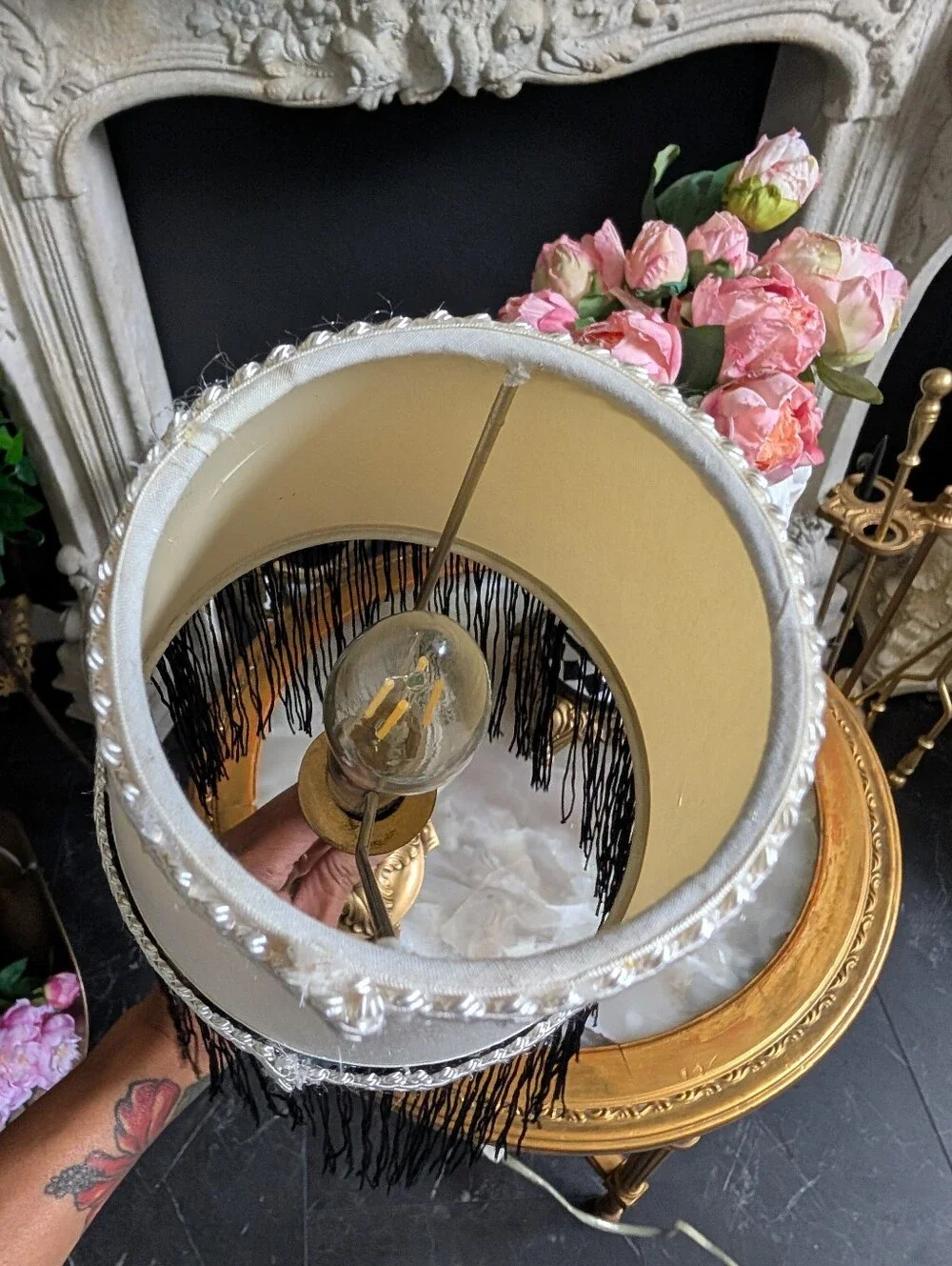 Vintage, Petite, Hollywood Regency Gold Boudoir Footed Table Lamp w/ Black Frin